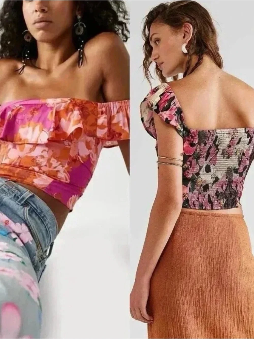 NEW Free‎ People off the shoulder mini top  Floral print crop top, L,